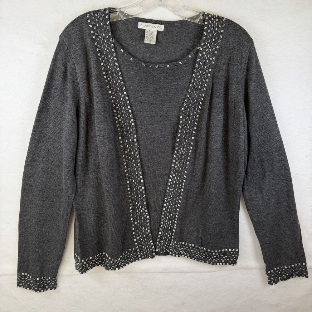 VTG 90’s Claudia D. Faux‎ Twinset Sweater Dark Gray Beaded Office Career Sz M